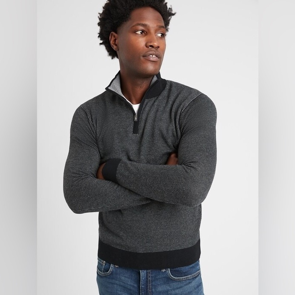 UNTUCKit Black Stripes Merino Wool 1/4 Zip Pullover XL